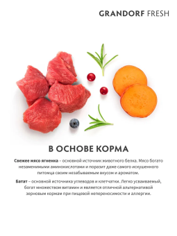 Корм Grandorf Fresh Dog Lamb Mini свежее мясо ягненка с бататом для взрослых собак мелких пород