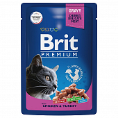 Паучи Brit Premium для взрослых кошек с цыплёнком и индейкой в соусе