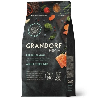 Корм Grandorf Fresh Cat Salmon Sterilised свежее филе лосося с бататом для стерелизованных кошек 