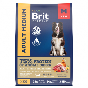 Корм Brit Premium Dog Adult Medium для собак средних пород с индейкой и телятиной