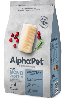 Корм Alphapet Superpremium Monoprotein для взрослых кошек из белой рыбы