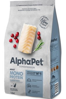 Корм Alphapet Superpremium Monoprotein для взрослых кошек из белой рыбы