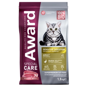 Корм Award Special Care Sensitive Digestion для взрослых кошек с чувствительным пищеварением со свежим мясом утки