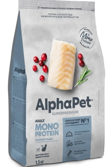Корм Alphapet Superpremium Monoprotein для взрослых кошек из белой рыбы