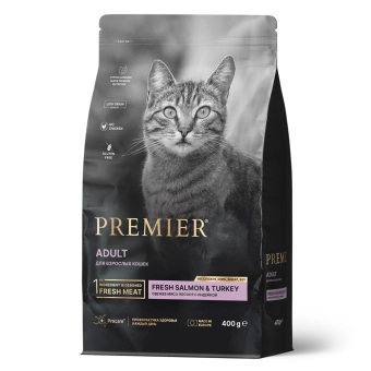 Сухой корм Premier для любых кошек с чувствительной кожей и шерстью или склонных к аллергии,  филе лосося с индейкой