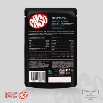 Паучи Enso Basic полнорационный корм для взрослых кошек кусочки в соусе с лососем