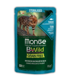 Паучи Monge Cat BWild GRAIN FREE беззерновой для стерилизованных кошек беззерновой из тунца с креветками и овощами