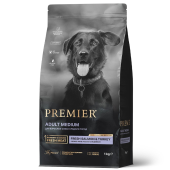 Корм Premier Dog Salmon&Turkey Adult Medium для собак средних пород со свежим филе лосося и индейки