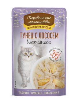 Паучи Деревенские Лакомства для кошек тунец с лососем в нежном желе