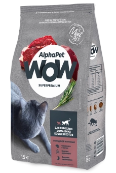 Корм Alphapet WOW Superpremium для взрослых домашних кошек и котов c говядиной и печенью