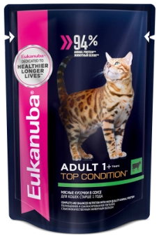 Eukanuba Adult Top Condition влажный рацион с говядиной в соусе для взрослых кошек