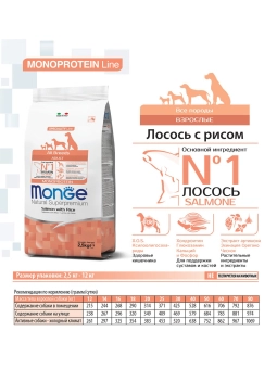 Корм Monge Dog Speciality Line Monoprotein монопротеиновый для взрослых собак всех пород из лосося с рисом