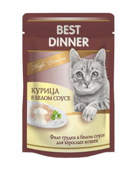 Паучи Best Dinner High Premium для кошек. Курица в белом соусе волокна филе грудки