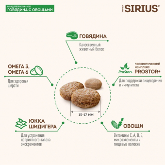 Корм Sirius полнорационный для взрослых собак с говядиной и овощами