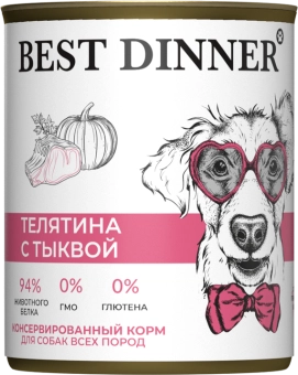 Консервы Best Dinner полнорационный корм для щенков и взрослых собак с телятиной и тыквой