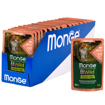 Паучи Monge Cat BWild GRAIN FREE беззерновой для стерилизованных кошек беззерновой из лосося с креветками и овощами