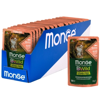 Паучи Monge Cat BWild GRAIN FREE беззерновой для стерилизованных кошек беззерновой из лосося с креветками и овощами
