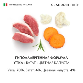 Консервы Grandorf Fresh для взрослых собак всех пород монопротеиновый паштет из утки с бататом и цветной капустой