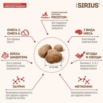 Корм Sirius полнорационный для взрослых кошек мясной рацион