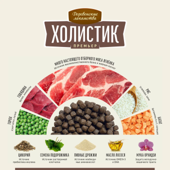 Корм Деревенские Лакомства Холистик Премьер для собак средних и крупных пород с ягненком и рисом