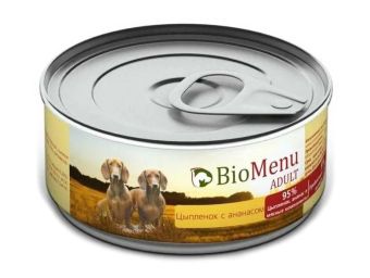 Банки BioMenu adult для собак с цыплёнком и ананасами 95% мясо