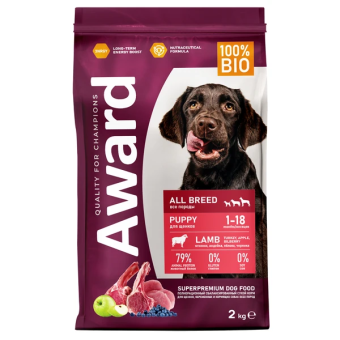 Корм Award для щенков от 1 месяца, беременных и кормящих сук всех пород с ягненком и индейкой с яблоком и черникой