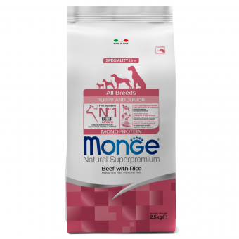 Корм Monge Dog Speciality Line Monoprotein Puppy & Junior корм для щенков всех пород, из говядины с рисом