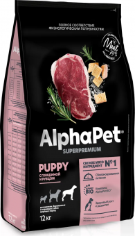 Корм Alphapet для щенков до 6 месяцев, беременных и кормящих собак крупных пород с говядиной и рубцом