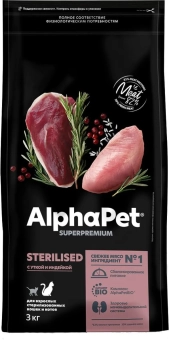 Корм Alphapet Superpremium Sterilised для взрослых стерилизованных кошек и котов с уткой и индейкой