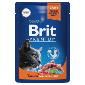 Паучи Brit Premium для взрослых стерилизованных кошек с лососем в соусе