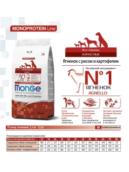 Корм Monge Dog Speciality Line Monoprotein монопротеиновый для взрослых собак всех пород из ягненка с рисом и картофелем