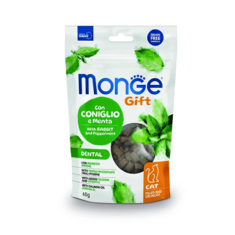 Лакомство Monge Gift Dental для кошек "Хрустящие подушечки с начинкой" с кроликом и перечной мятой для чистки зубов
