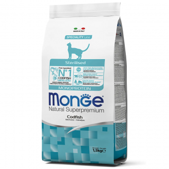 Корм Monge Cat Monoprotein Sterilized монобелковый для стерилизованных кошек и кастрированных котов с треской