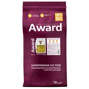 Корм Award Hairball & Indoor для кошек для выведения шерсти с уткой и индейкой с зеленой чечевицей и Юккой Шидигера