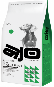 Корм AJO Dog Mini Hypoallergenic с гречкой для взрослых собак миниатюрных и малых пород, склонных к аллергиям
