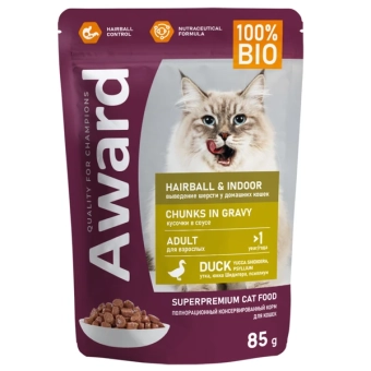 Паучи Award Hairball & Indoor для выведения шерсти у домашних кошек кусочки в соусе с уткой