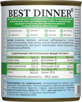 Консервы Best Dinner Vet Profi Exclusive Hypoallergenic для собак при пищевой аллергии с индейкой и кроликом 340г