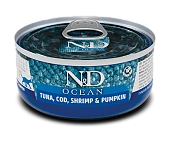Консервы Farmina N&D Cat Ocean Tuna Cod, Shrimp&Pumpkin для взрослых кошек с треской, креветками и тыквой Консервы Farmina N&D Cat Ocean Tuna Cod, Shrimp&Pumpkin для взрослых кошек с треской, креветками и тыквой