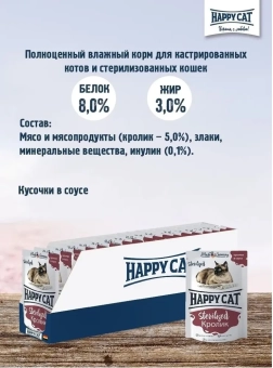Паучи Happy Cat Sterilised для стерилизованных кошек кусочки в желе с кроликом