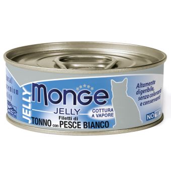 Банки Monge Jelly Adult cat для взрослых кошек с желтоперым тунцом и белой рыбой