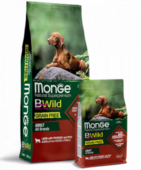 Корм Monge BWild Grain Free для взрослых собак всех пород из мяса ягнёнка с картофелем и горохом