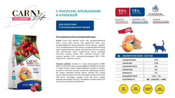 Корм Carni Sterilised стерилизованных кошек с лососем, апельсином и клюквой