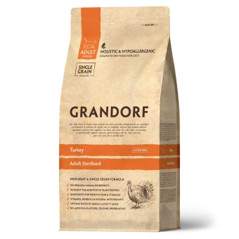 Корм Grandorf Adult Cat Turkey Sterilised для стерилизованных кошек с индейкой, низкозерновой