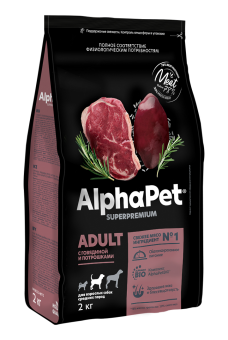 Корм Alphapet Superpremium для взрослых собак средних пород с говядиной и потрошками