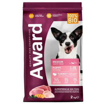 Корм Award для щенков от 1 меси кормящих сук средних пород с индейкой и курицей с морковью и черной смородиной