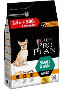 Корм Pro Plan Optihealth для взрослых собак мелких и карликовых пород с курицей 2,5+500кг