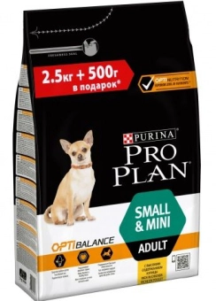 Корм Pro Plan Optihealth для взрослых собак мелких и карликовых пород с курицей 2,5+500кг