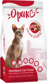 Полнорационный сухой корм Орико Cat для взрослых стерилизованных кошек, мясное ассорти