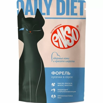 Паучи Enso Daily Diet для взрослых кошек для кожи и шерсти кусочки в соусе с форелью