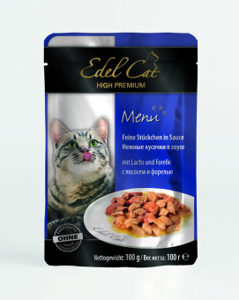 Паучи Edel Cat нежные кусочки в соусе с лососем и форелью